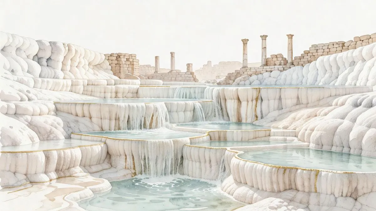 Watercolour illustration of ancient Hierapolis with Roman bath structures and thermal channels in Pamukkale