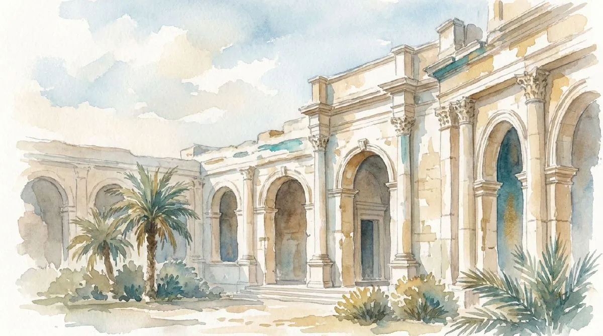 Soft watercolour illustration of the high stone arches of a Roman Bath interior, housing ancient marble statues and sarcophagi. Absolutely NO photorealism, NO photographic look, NO 3D render, NO camera realism, hand-painted watercolour only.