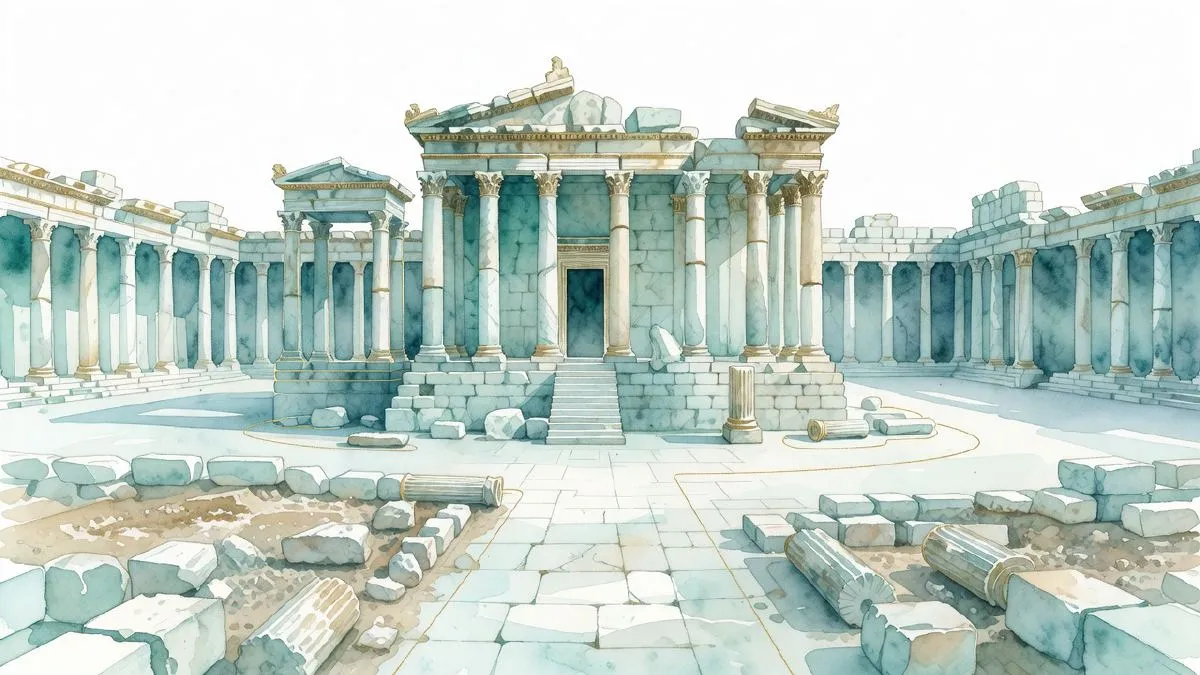 Watercolour illustration of the Laodikeia agora with column remains and nearby temple ruins