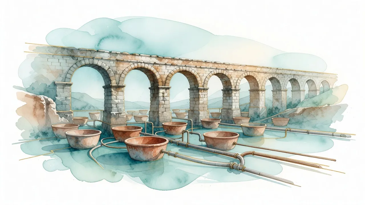 Soft watercolour illustration of Roman water channels and cisterns connecting Laodikeia with the Lycos Valley
