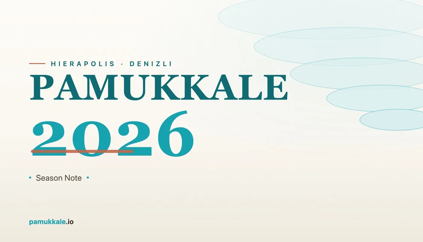 Typographic cover on cream: PAMUKKALE in petrol, a turquoise 2026, and abstract travertine terraces on the top right