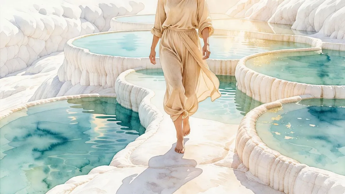 Bare feet walking across the white travertine terraces at Pamukkale