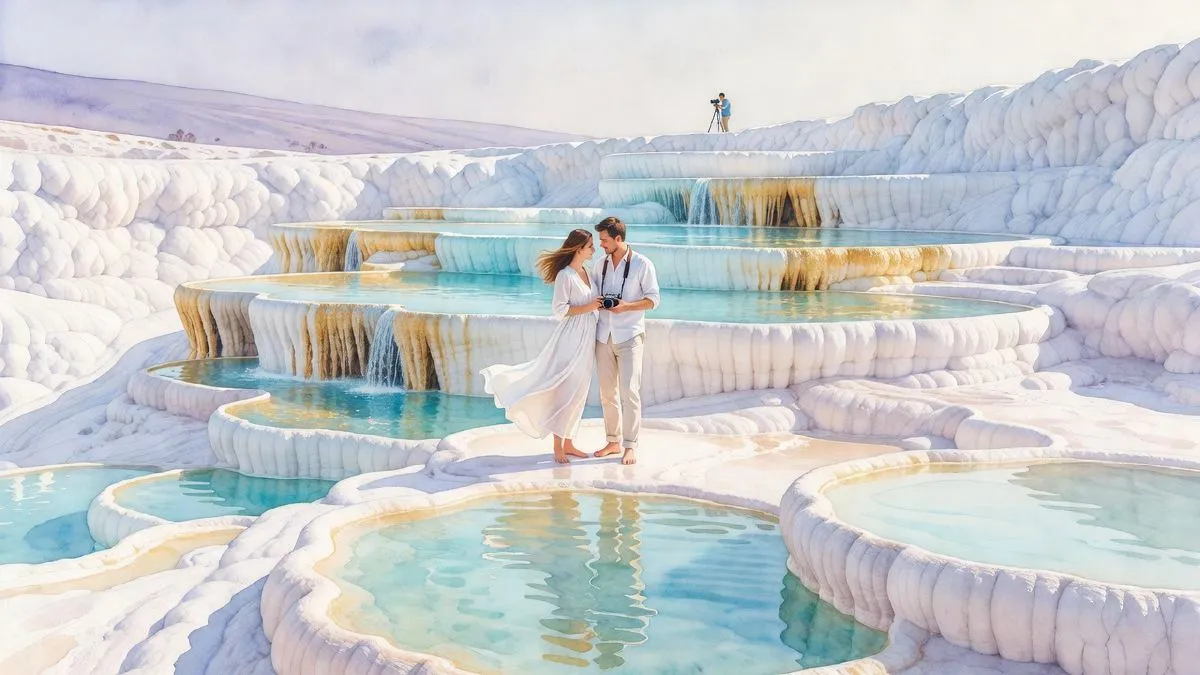 Suluboya illüstrasyonunda Pamukkale travertenlerinde gün doğumunda fotoğraf çektiren bir çift