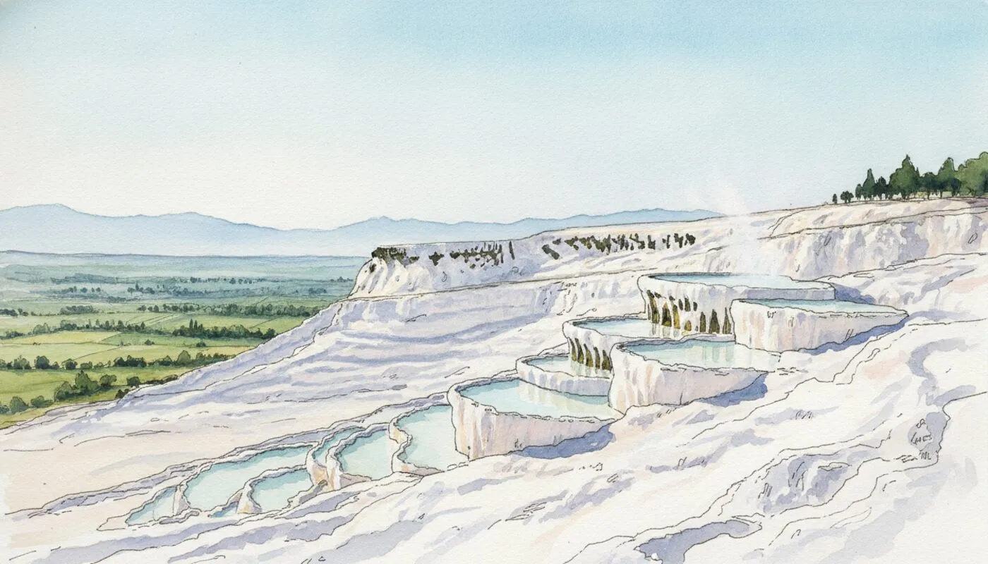 Watercolour of empty travertine terraces in early morning light: pale turquoise pools, a wisp of steam, the green valley far below