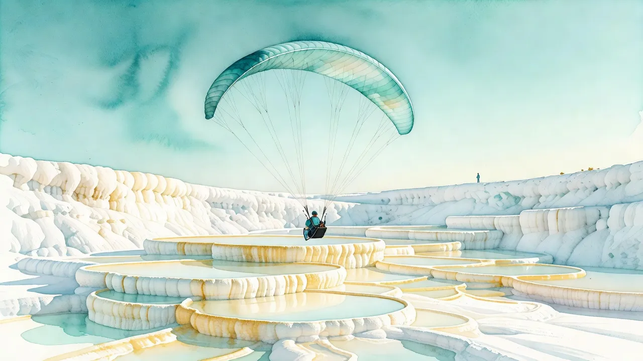 Soft watercolour illustration of a tandem paraglider above Pamukkale travertines, Hierapolis and the surrounding plain