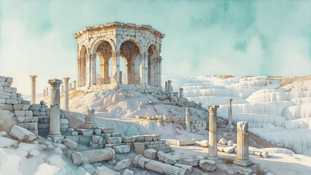 Watercolour illustration of the octagonal Saint Philip Martyrium on the Hierapolis hilltop