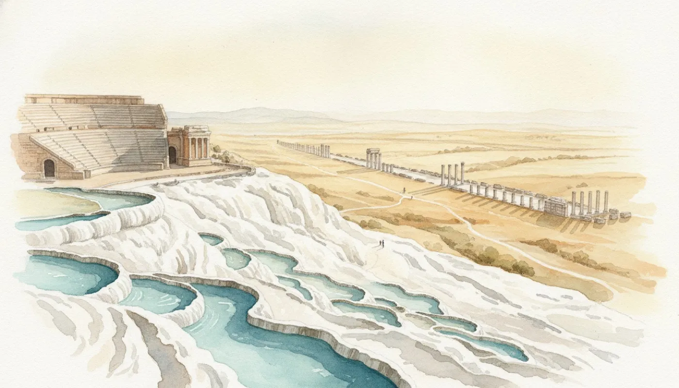 Watercolour of the two-day route: white travertine terraces and the Hierapolis theatre on one side of the valley, the colonnaded avenue of Laodikeia on the other